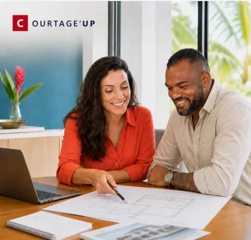 Conseillère Courtage’UP accompagnant un client autour de plans de construction