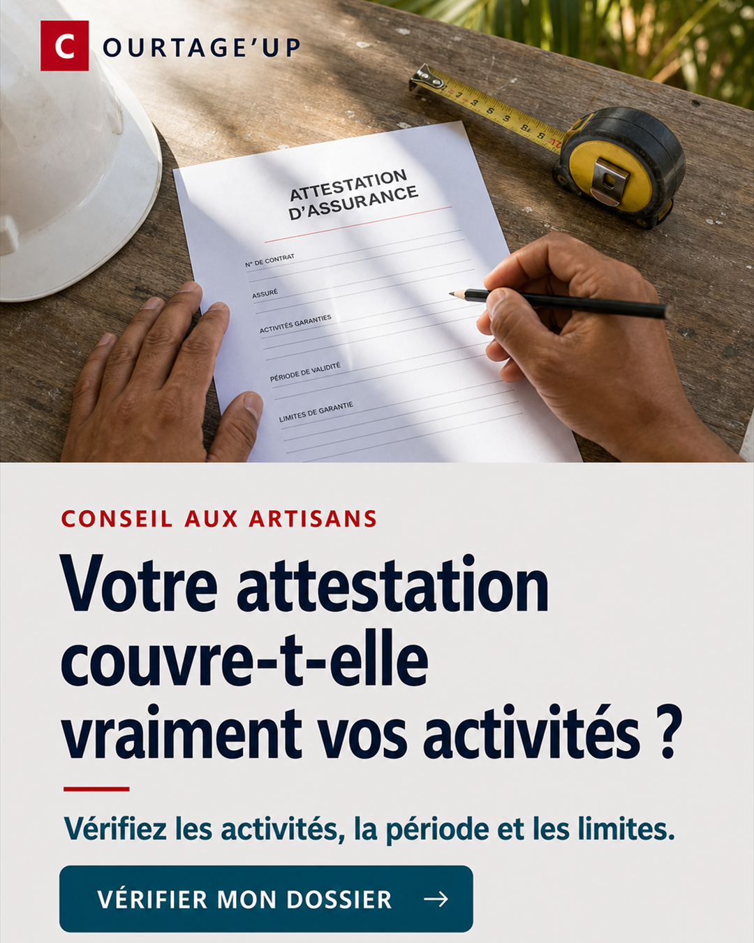Attestation d’assurance posée sur une table de chantier avec un casque et un mètre